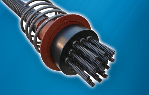 QSM张拉端圆形锚具体系，由工作锚板、工作夹片、锚垫板、波纹管、螺旋筋和钢绞线组成，适用于预应力混凝土结构的张拉与锚固施工。